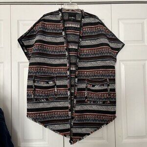 SAM EDELMAN Weekender Poncho Tweed Shawl Blanket Wrap Ruana Boho Fringes M